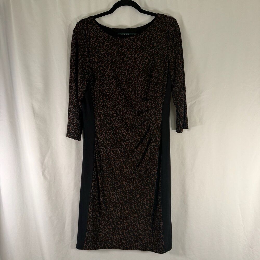 Lauren Ralph Lauren Dress Women's 14 Brown Animal Print 3/4 Sleeve Round Neck